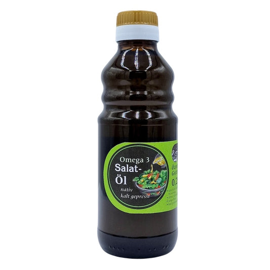250-ml-Braunglasflasche mit kaltgepresstem Omega-3 Salatöl der Ölmühle Garting aus einer Komposition hochwertiger Pflanzenöle