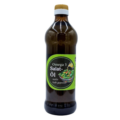 500-ml-Braunglasflasche mit Omega-3 Salatöl der Ölmühle Garting aus kaltgepressten Pflanzenölen