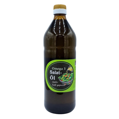 750-ml-Braunglasflasche mit Omega-3 Salatöl der Ölmühle Garting – naturbelassen und kaltgepresst