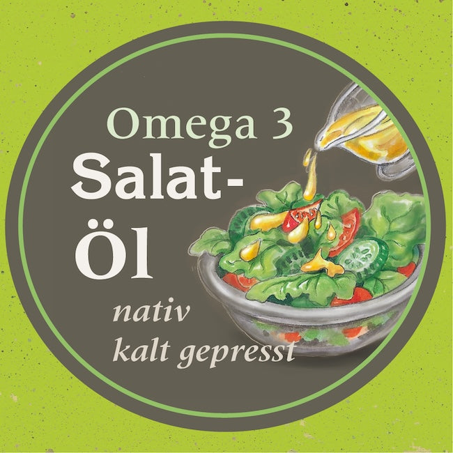 Etikett des Omega-3 Salatöls der Ölmühle Garting mit Salatschüssel und eingegossenem kaltgepresstem Pflanzenöl