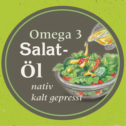 Etikett des Omega-3 Salatöls der Ölmühle Garting mit Salatschüssel und eingegossenem kaltgepresstem Pflanzenöl