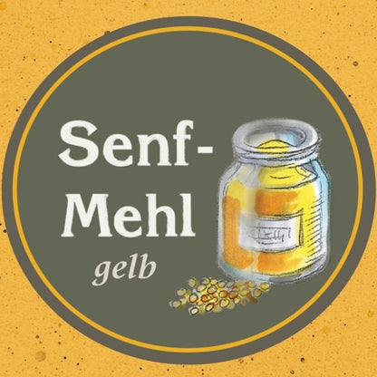 Illustration eines Glases mit Senfmehl und der Aufschrift Senfmehl gelb