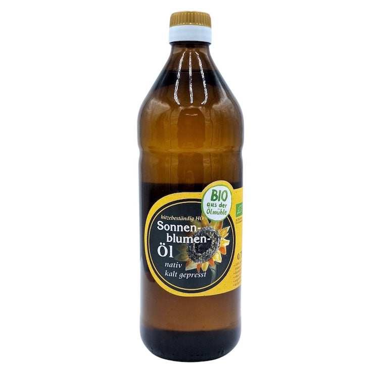 Natives kaltgepresstes Bio-High-Oleic-Sonnenblumenöl der Ölmühle Garting in brauner 500-ml-Glasflasche