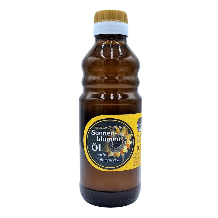 Natives kaltgepresstes High-Oleic-Sonnenblumenöl der Ölmühle Garting in brauner 250-ml-Glasflasche