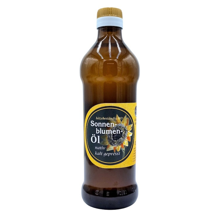 Natives kaltgepresstes High-Oleic-Sonnenblumenöl der Ölmühle Garting in brauner 500-ml-Glasflasche