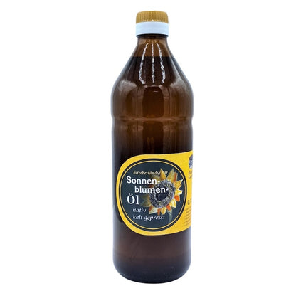 Natives kaltgepresstes High-Oleic-Sonnenblumenöl der Ölmühle Garting in brauner 750-ml-Glasflasche