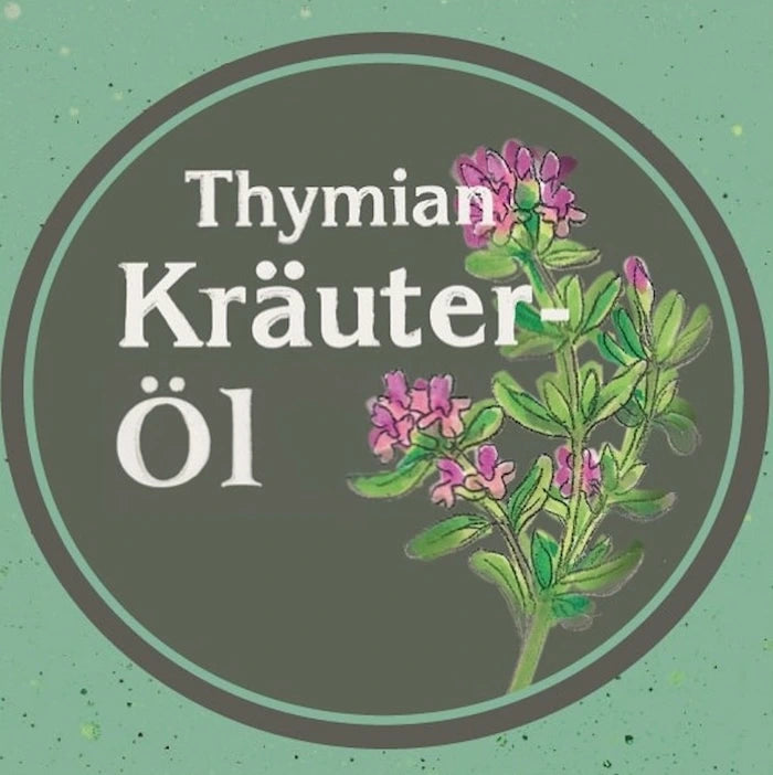 Etikett des Thymian Kräuteröls der Ölmühle Garting mit gezeichneter Thymianblüte